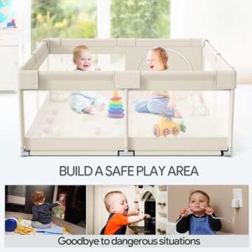 Fodoss Baby Playpen, Upgrade Playpen for Babies and Toddlers, 47x47x26inch Beige Play Pen for Babies with Hand Pulling Ring, Play Pen Center for Kids,Baby Fence,Baby Playards