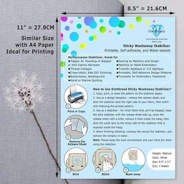 Simthread Sticky Wash Away Embroidery Stabilizer Self-Adhesive Printable A4 Size Paper Stabilizer Medium Weight 1.4OZ 8.5" x 11" 7pcs / Pack