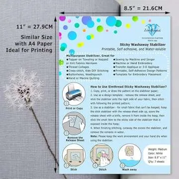 Simthread Sticky Wash Away Embroidery Stabilizer Self-Adhesive Printable A4 Size Paper Stabilizer Medium Weight 1.4OZ 8.5" x 11" 7pcs / Pack