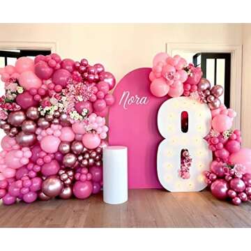 Chamrrille 203PCS Rose Pink Balloon Garland Kit, Metallic Pink & Magenta & Pastel Pink & Hot Pink Balloons for Wedding, Princess Theme Birthday, Bridal Shower Decorations
