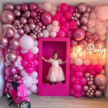 Chamrrille 203PCS Rose Pink Balloon Garland Kit, Metallic Pink & Magenta & Pastel Pink & Hot Pink Balloons for Wedding, Princess Theme Birthday, Bridal Shower Decorations