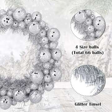 Zeyune 14 Inch Mirror Disco Balls Wreath Disco Ornament Garland Decoration Silver Glitter Decorative...