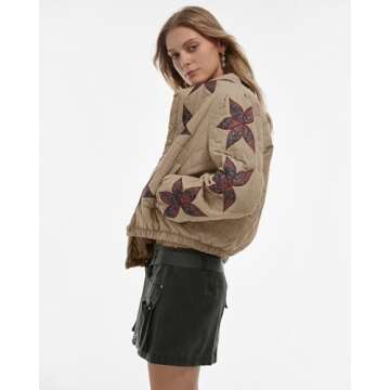 Locachy Women's Casual Cropped Puffer Jacket Lightweight Flower Embroidery Winter Warm Quilted Jacket Coat with Pockets Khaki XS