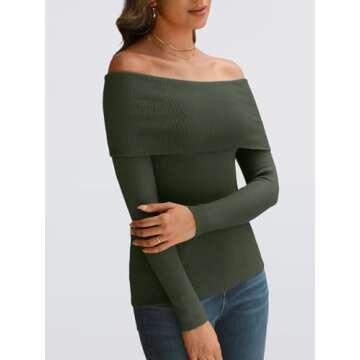 LILLUSORY Womens Off The Shoulder Sweater Fall Long Sleeve Going Out Y2k Tops Winter Date Night Outfits, DarkGreen, S
