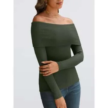 LILLUSORY Womens Off The Shoulder Sweater Fall Long Sleeve Going Out Y2k Tops Winter Date Night Outfits, DarkGreen, S