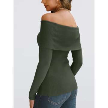 LILLUSORY Womens Off The Shoulder Sweater Fall Long Sleeve Going Out Y2k Tops Winter Date Night Outfits, DarkGreen, S