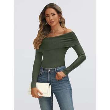 LILLUSORY Womens Off The Shoulder Sweater Fall Long Sleeve Going Out Y2k Tops Winter Date Night Outfits, DarkGreen, S