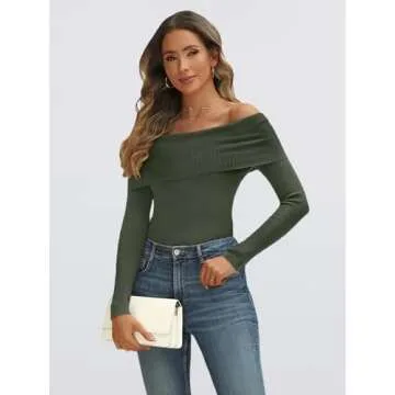 LILLUSORY Womens Off The Shoulder Sweater Fall Long Sleeve Going Out Y2k Tops Winter Date Night Outfits, DarkGreen, S