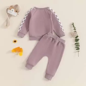 Toddler Baby Girl Clothes Conttrast Color Fall Winter Outfit Long Sleeve Sweatshirts and Pants Newborn Infant Set (Plaid Purple, 18-24 Months)