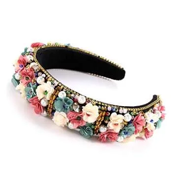 CENAPOG Baroque Crystal Rhinestone Headbands Flower Padded Hairbands for Women Girls Pearl Colorful Bead Embellished Headbands Bejewelled Wide Velvet Hair Hoop for Wedding Bridal Parties (flower)