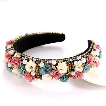 CENAPOG Baroque Crystal Rhinestone Headbands Flower Padded Hairbands for Women Girls Pearl Colorful Bead Embellished Headbands Bejewelled Wide Velvet Hair Hoop for Wedding Bridal Parties (flower)