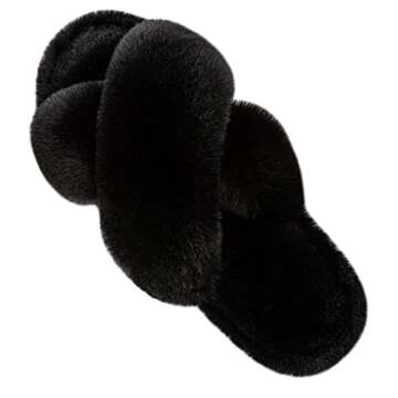 Tonchberry Cross Band Faux Fur Fuzzy Slippers for Women Plush Fluffy Furry Open Toe Slide Slipper fo...