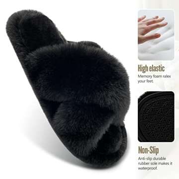 Tonchberry Cross Band Faux Fur Fuzzy Slippers for Women Plush Fluffy Furry Open Toe Slide Slipper for Women Cozy Memory Foam Anti-Skid Sole Indoor Outdoor House Home Bedroom Slippers for Women