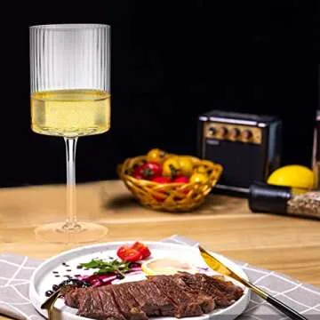 Large Ribbed Square Wine Glasses Set of 4 Crystal,17oz Clear Cylinder Fluted Glassware Flat Bottom,Hand Blown White Red Wine Glass with Long Stem,Copas de Vino,Modern Unique Gift for Wedding,Party
