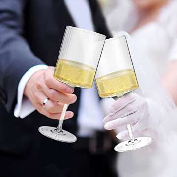 Large Ribbed Square Wine Glasses Set of 4 Crystal,17oz Clear Cylinder Fluted Glassware Flat Bottom,Hand Blown White Red Wine Glass with Long Stem,Copas de Vino,Modern Unique Gift for Wedding,Party