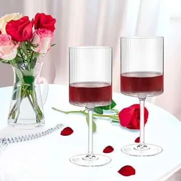 Large Ribbed Square Wine Glasses Set of 4 Crystal,17oz Clear Cylinder Fluted Glassware Flat Bottom,Hand Blown White Red Wine Glass with Long Stem,Copas de Vino,Modern Unique Gift for Wedding,Party