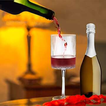Large Ribbed Square Wine Glasses Set of 4 Crystal,17oz Clear Cylinder Fluted Glassware Flat Bottom,Hand Blown White Red Wine Glass with Long Stem,Copas de Vino,Modern Unique Gift for Wedding,Party