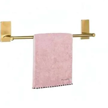 NearMoon Self Adhesive Bathroom Towel Bar- Stainless Steel Bath Wall Shelf Rack Hanging Towel Stick On Sticky Hanger Contemporary Style, NO Drilling (1 Pack, Brushed Gold, 16-Inch Towel Rack)