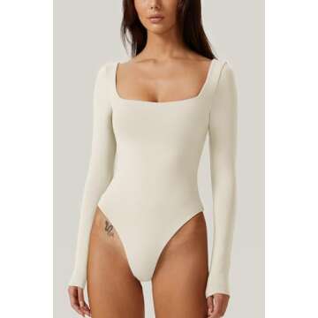 QINSEN Bodysuit Tops for Women Square Neck Long Sleeve Double Lined T-shirt Beige XL