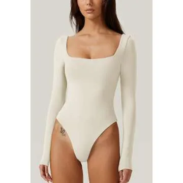 QINSEN Bodysuit Tops for Women Square Neck Long Sleeve Double Lined T-shirt Beige XL