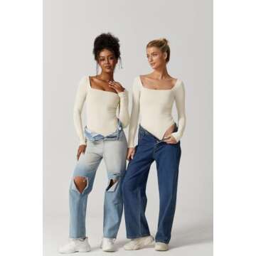 QINSEN Bodysuit Tops for Women Square Neck Long Sleeve Double Lined T-shirt Beige XL