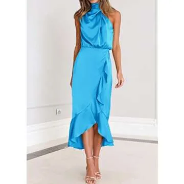 KIRUNDO Womens 2025 Summer Satin Mock Neck Wedding Guest Party Cocktail Midi Dress Sleeveless Wrap Ruffle Formal Dresses(Sky Blue, Small)
