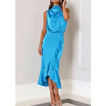 KIRUNDO Womens 2025 Summer Satin Mock Neck Wedding Guest Party Cocktail Midi Dress Sleeveless Wrap Ruffle Formal Dresses(Sky Blue, Small)