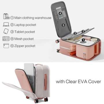 Mixi Carry On Luggage, 20'' Suitcase with Front Laptop Pocket, Travel Rolling Luggage Aluminum Frame PC Hardside with Spinner Wheels & TSA Lock and Cover - Pink