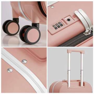 Mixi Carry On Luggage, 20'' Suitcase with Front Laptop Pocket, Travel Rolling Luggage Aluminum Frame PC Hardside with Spinner Wheels & TSA Lock and Cover - Pink