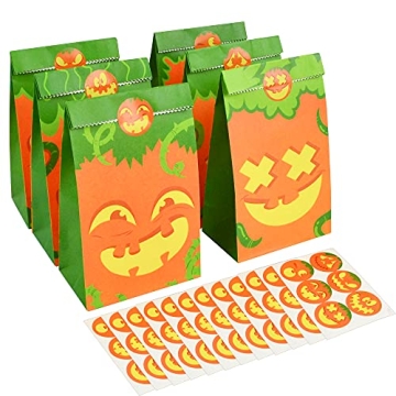 JOYIN 72 PCS Halloween Paper Treat Bags with Pumpkin Face, Halloween Goodie Bags with Stickers, Hall...