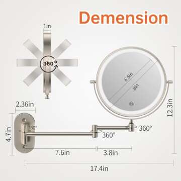 Rechargeable Wall Mounted Lighted Makeup Vanity Mirror 8 Inch Double Sided 1X 10X Magnifying Bathroom Mirror, 3 Color Lighting, Touch Screen Dimming, Extended Arm 360 Rotation Shaving Light up Mirror