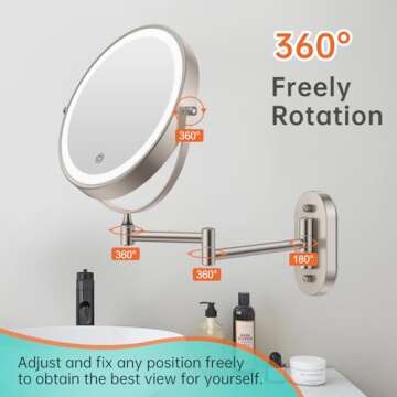 Rechargeable Wall Mounted Lighted Makeup Vanity Mirror 8 Inch Double Sided 1X 10X Magnifying Bathroom Mirror, 3 Color Lighting, Touch Screen Dimming, Extended Arm 360 Rotation Shaving Light up Mirror