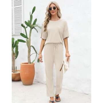 JiniGolla Pajamas for Women Two Piece Loungewear Set Soft Waffle Knit Matching Pajama Set Womens Sle...