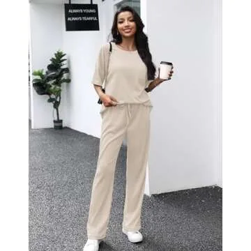 JiniGolla Pajamas for Women Two Piece Loungewear Set Soft Waffle Knit Matching Pajama Set Womens Sleepwear Apricot M