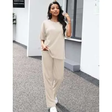 JiniGolla Pajamas for Women Two Piece Loungewear Set Soft Waffle Knit Matching Pajama Set Womens Sleepwear Apricot M