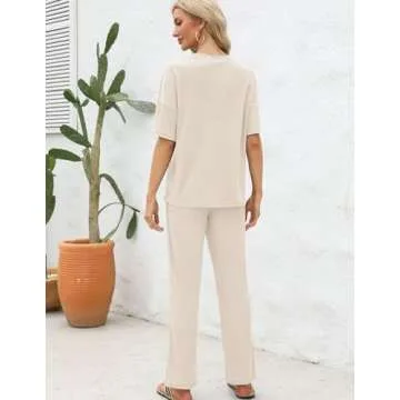 JiniGolla Pajamas for Women Two Piece Loungewear Set Soft Waffle Knit Matching Pajama Set Womens Sleepwear Apricot M