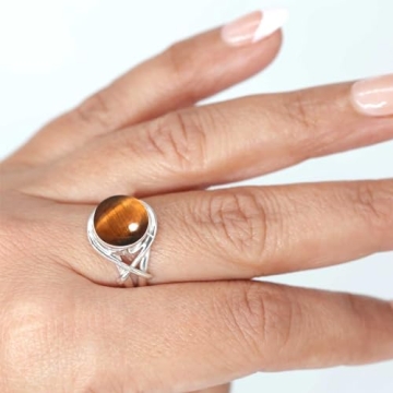 JEWELOPORIUM Brown Tiger Eye Silver Ring Size 7, 925 Sterling Silver Ring for Women, Genuine Round G...
