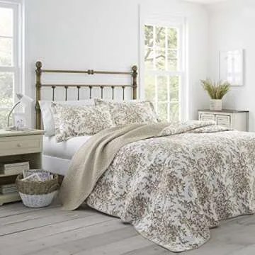 Laura Ashley - King Quilt Set, Reversible Cotton Bedding with Matching Shams, Home Decor for All Seasons (Bedford Mocha, King)