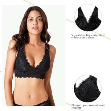 Rolewpy Deep V Neck Lace Bra Bralette for Women Breathable Bralette (01. Black, L (36D 38B 38C))
