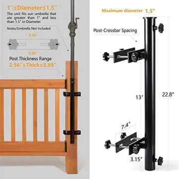 HAINAWANG Deck Umbrella Mount, Non-Slip Patio Umbrella Holder for Metal & Wood Railing Post or Fence (Max Span 5.85inch), Outdoor Umbrella Bracket Clamp of Stainless Steel Heavy-Duty (Black)