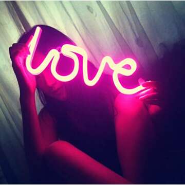 LED Pink Love Neon Sign for Wall Decor Light - Love Lamp - 3 AA Battery or USB Powered Neon NightLight for Kids Room Decor,Home,Party,Birthday,Wedding,Christmas,New Year