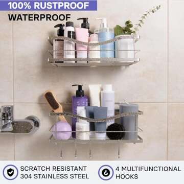 KINCMAX Premium Shower Caddy, Self Adhesive Wall Shower Organizer, 2-Pack No Drill Bathroom Shower Shelves for Inside Shower, Rustproof Stainless Steel Shampoo Holder, Shower Storage Rack, Silver