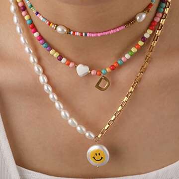 Wellike Initial Necklaces for Women Colorful Beaded Choker Necklace Stainless Steel 18K Gold Plated ...