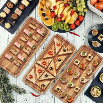 Anyvape Acacia Wood Serving Trays, Set of 3 Wooden Serving Platters for Home Decor, Food, Cheese, Fruit, Vegetables, Charcuterie, Appetizer Serving Tray(11.8 x 5.1 x 0.78 inches)