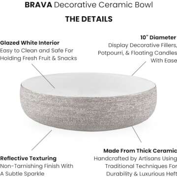 Torre & Tagus Brava Silver Decorative Bowl for Home Decor - 10" Large Ceramic Bowl Decorative Silver Bowl Decor For Table, Large Decorative Bowl For Keys & Silver Fruit Bowl For Kitchen Counter