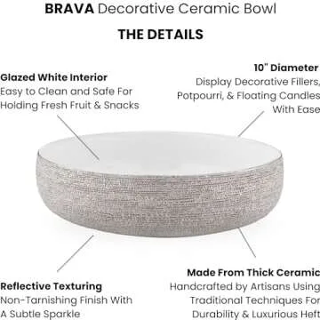 Torre & Tagus Brava Silver Decorative Bowl for Home Decor - 10" Large Ceramic Bowl Decorative Silver Bowl Decor For Table, Large Decorative Bowl For Keys & Silver Fruit Bowl For Kitchen Counter