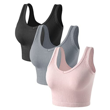 Womens Crop Tops Basic Sleeveless Both V-Neck and Round Neck 3 Pieces Black White Ribbed Seamless Ca...