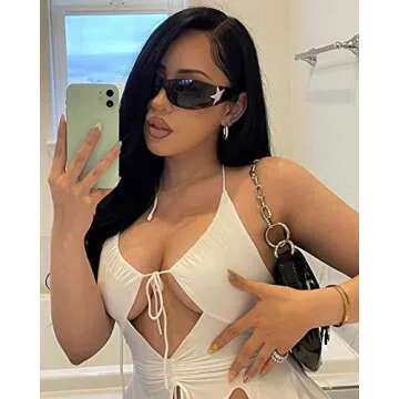 Rmerom Y2K Sunglasses for Women,Rimless Shield Wrap Around Sunglasses 2000S Trendy Oversized Fashion Black White Y2K Glasses Shades