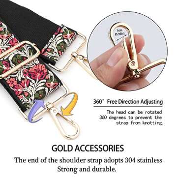 Dsigo Purse Strap, 2" Wide Gold Buckle Embroidery Crossbody Shoulder Strap for Bag Handbag Canvas Ba...