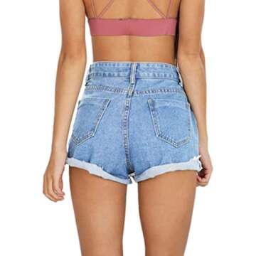 Haola Women's Juniors Vintage Denim High Waisted Folded Hem Jeans Shorts Light Blue M